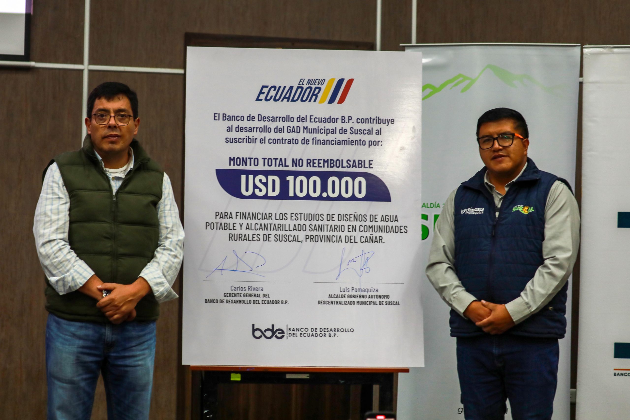 Banco de Desarrollo del Ecuador B.P. entregó 100 mil no reembolsables al GAD Municipal de Suscal